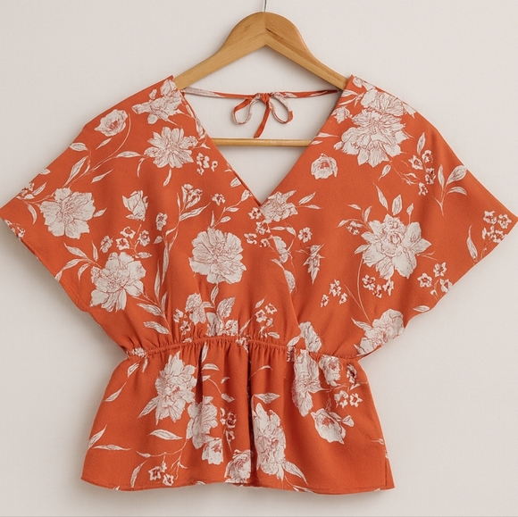 Good Luck Gem Coral Floral Cinched Waist V-Neck Blouse - Size Large - Picture 1 of 7